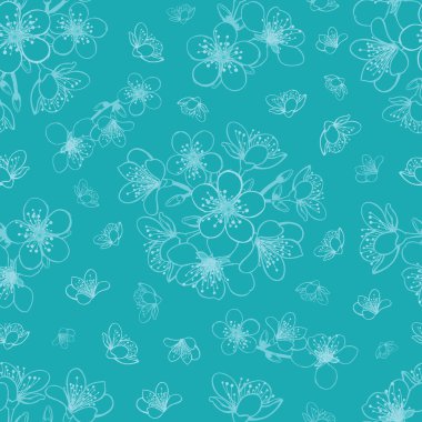 Vektör mavi cyan kiraz çiçeği sakura çiçekleri dikişsiz desenli arka plan. Yüzey deseni tasarımı.