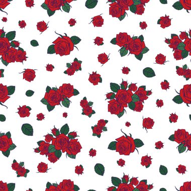 Vektör kırmızı güller saçar ve beyaz arka planda iz bırakır. Kumaş, hatıra defteri ve duvar kağıdı projeleri için mükemmel. Yüzey deseni tasarımı.