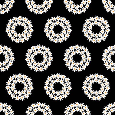 Vektör siyah papatya çiçekleri çift halka deseni tekrarlıyor. Tekstil, hediye paketi ve duvar kağıdı için uygun. Yüzey deseni tasarımı.