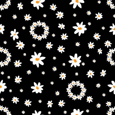 Siyah vektör dağınık, küçük, eğlenceli papatya zinciri çiçekleri tekrar desen. Tekstil, hediye paketi ve duvar kağıdı için uygun. Yüzey deseni tasarımı.