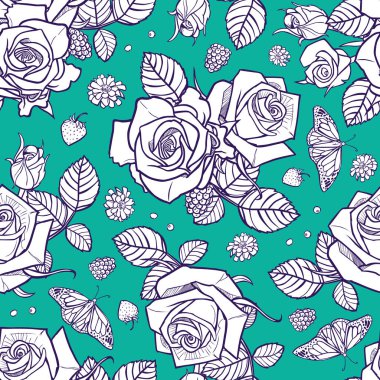 Vektör su yeşil ve beyaz güller ve böğürtlenler pürüzsüz desen. Kumaş, hatıra defteri ve duvar kağıdı projeleri için mükemmel. Yüzey deseni tasarımı.