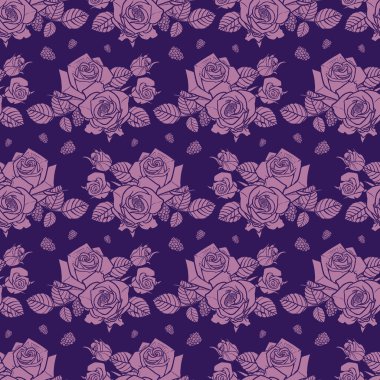 Mor tek renkli gül ve böğürtlen desenli vektör. Kumaş, hatıra defteri ve duvar kağıdı projeleri için mükemmel. Yüzey deseni tasarımı.