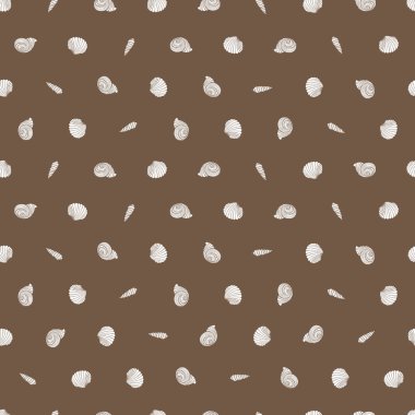 Küçük deniz kabukları ile vektör kahverengi tekrarlama deseni. Hediye paketi, tekstil ve duvar kağıdı için uygun. Yüzey deseni tasarımı.