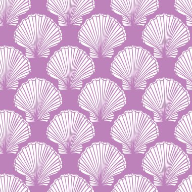 Vektör mor ve beyaz deniz kabukları tekrarlanıyor. Hediye paketi, tekstil ve duvar kağıdı için uygun. Yüzey deseni tasarımı.