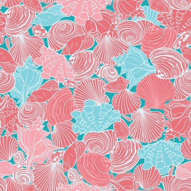 Üst üste binen çeşitli deniz kabukları içeren vektör mercan pembe ve mavi tekrarı deseni. Kumaş, hatıra defteri ve duvar kağıdı projeleri için mükemmel. Yüzey deseni tasarımı