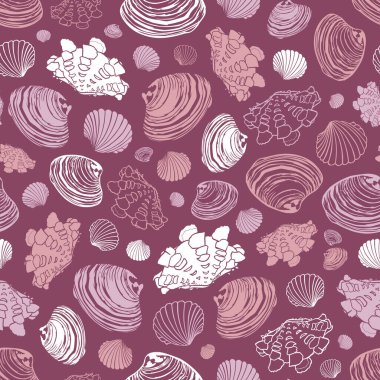 Değişik istiridye kabukları içeren mor tekrar desenli vektör. Selamlama, davetiye, ambalaj kağıdı, tekstil, düğün ve web tasarımı için mükemmel. Yüzey deseni tasarımı