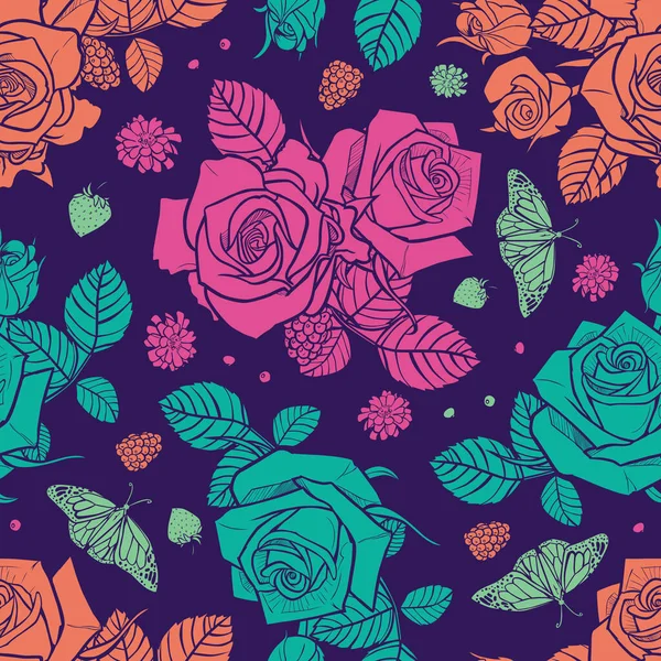 Vector Rosas Púrpura Bayas Patrón Sin Costuras Coloridas Flores Neón — Archivo Imágenes Vectoriales