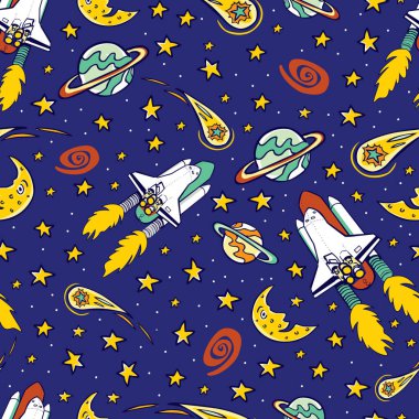 Vektör mavi uzay mekiği renkli yıldızlar, ay ve kuyruklu yıldızlarla tekrar patlar. Çocuklar için duvar resimleri, ambalaj kağıtları ve kumaşlar için harika. Yüzey deseni tasarımı.