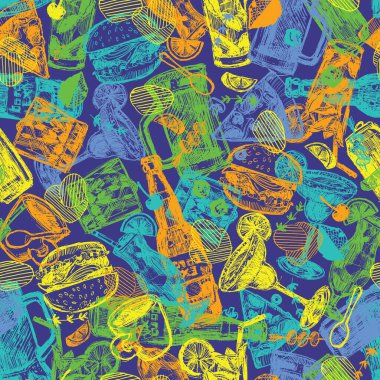 Vektör barı alkollü içecekler ve çok yönlü yiyecekler. Kusursuz kalıplar. Duvar kağıdı, tekstil ve restoran menüsü tasarımına uygun. Yüzey deseni tasarımı.