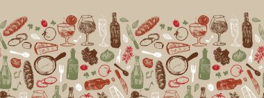 Vektör açık kahverengi bar italyan çizimi, çizim çizimi, şişeler, şarap bardakları, ekmek, domates ve peynirli yatay kenar deseni. Kumaş, restoran menüsü ve duvar kağıdı projeleri için mükemmel. Yüzey