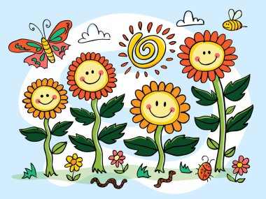 Güneş girdabı ve güveli gülen yüz çizilmiş vektör renkli el çizimi. Tebrik kartları ve duvar resimleri için uygun. Mutlu çiçekler.