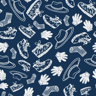 Yürüyüş ayakkabıları, çorapları, şapkası ve eldivenleri olan koyu mavi monokrom desenli bir vektör. Tekstil, duvar kağıdı ve hediye paketi için uygun. Yüzey deseni tasarımı.
