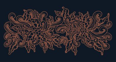 Kahve vektörü grafik desenli soyut dallar siyah arkaplanda fasulye yaprakları, çizgi çizili sanat el