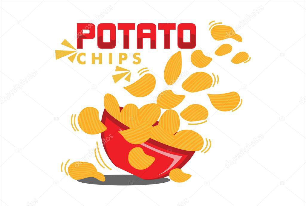 Potato chips with red bowl crispy potato chips flying and falling vector illustration