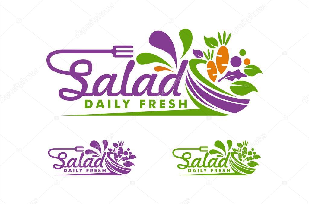 Salad bar logo illustration with bowl fork icon salad bar or vegan
