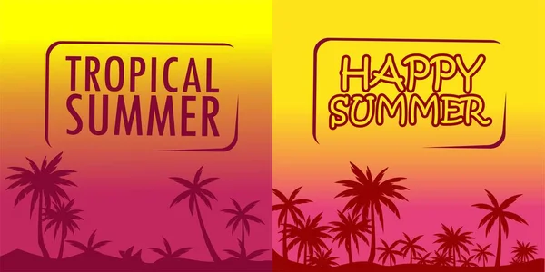 Vektör illüstrasyon yaz tabelası günbatımı plaj arka planında palmiye yapraklarıyla