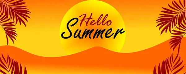 vector illustration hello summer banner sunset beach background with palm leaves