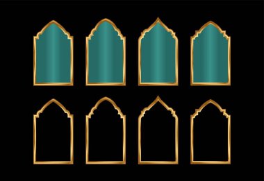 Siyah arka planda izole edilmiş altın çerçeveli Arap kemerli pencere ve kapıları.