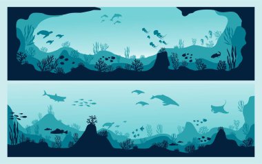 underwater silhouette background coral reef sea fish and marine algae cartoon scene