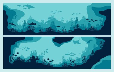 underwater silhouette background coral reef sea fish and marine algae cartoon scene clipart