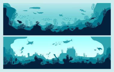 underwater silhouette background coral reef sea fish and marine algae cartoon scene