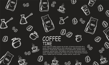 Vektör illüstrasyon el çizimi kahve, bardak, bardak, fasulye ve harf tipleri. Tahtaya siyah beyaz çizilmiş.