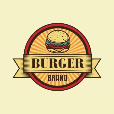 Logo tasarımı illüstrasyon rozetleri, pankartlar, etiketler ve hamburgerci logosu. Basit ve minimal tasarım. Vektör illüstrasyonu