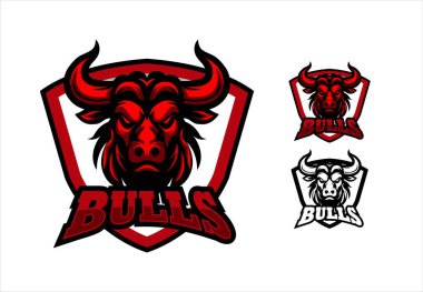 Kırmızı boğa kızgın logo amblem kalkan simgesi siyah arkaplan üzerindeki vektör çizimi