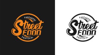 Street food festival logo design template. Element designt lettering logo in fine hand drawing clipart