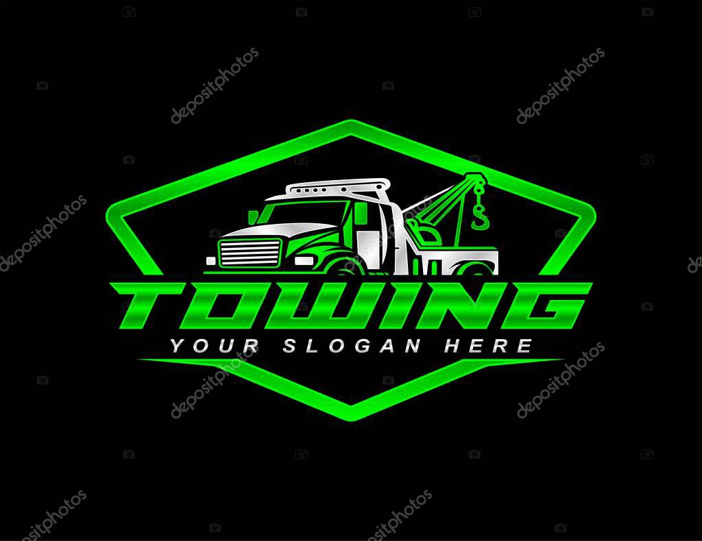 Towing service logo template vector ilustration emblem badge for automotive company on black background