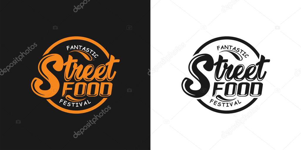 Street food festival logo design template. Element designt lettering logo in fine hand drawing