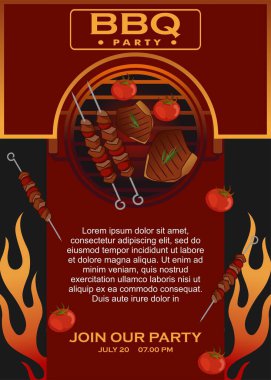 Barbekü ızgara posterleri. bbq yaz pikniği için parti davetiyeleri. bbq zamanı. Fotoğraf: bbq piknik poster şablonu. Dikey poster