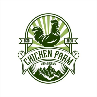 Tavuk çiftliği logosu amblemi etiket vektör şablonu tasarım klasik tavuk maskotu silueti