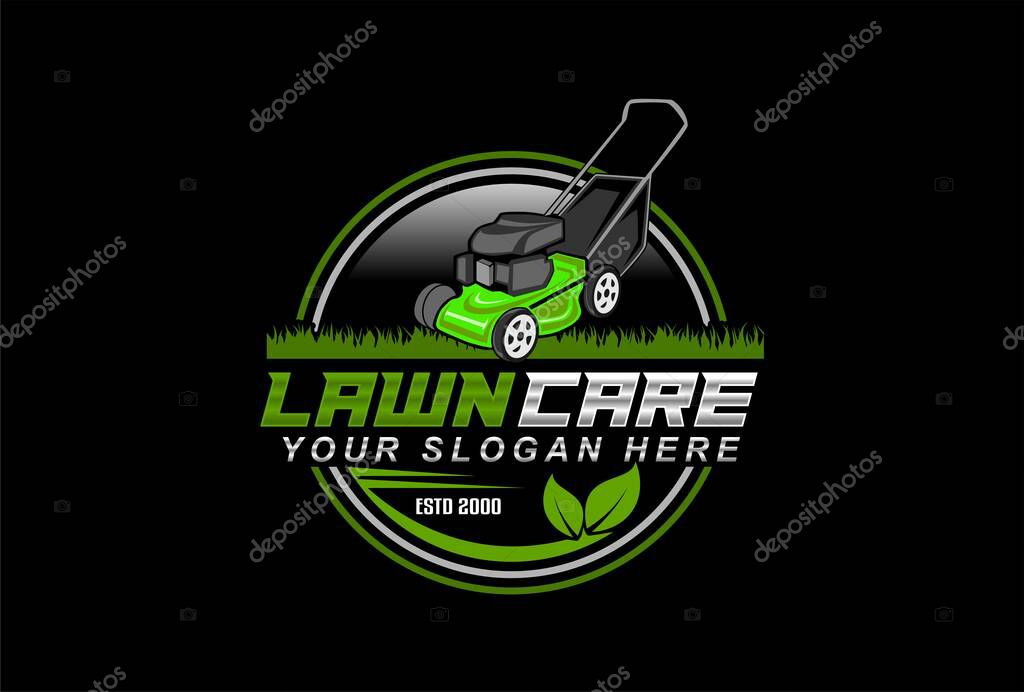 Lawn care lawn mower service logo modern design vector template isolated on black background