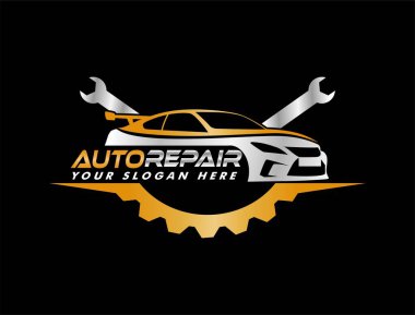 Araba tamir logosu şablonu. Araba onarım vektör tasarımı. Servis logosu, rozet, amblem, şablon. Otomotiv ve onarım endüstrisi için mükemmel bir logo Otomobil ve dişli logosu