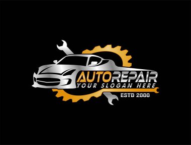 Araba tamir logosu şablonu. Araba onarım vektör tasarımı. Servis logosu, rozet, amblem, şablon. Otomotiv ve onarım endüstrisi için mükemmel bir logo Otomobil ve dişli logosu
