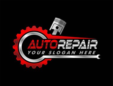 Araba tamir logosu şablonu. Araba onarım vektör tasarımı. Servis logosu, rozet, amblem, şablon. Otomotiv ve onarım endüstrisi için mükemmel bir logo Otomobil ve dişli logosu