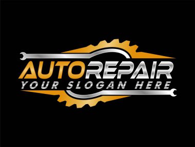 Araba tamir logosu şablonu. Araba onarım vektör tasarımı. Servis logosu, rozet, amblem, şablon. Otomotiv ve onarım endüstrisi için mükemmel bir logo Otomobil ve dişli logosu