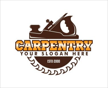 Marangoz, marangoz, vektör logosu etiketi, illüstrasyon, siluet, vintage, eski moda mobilya tasarımı.