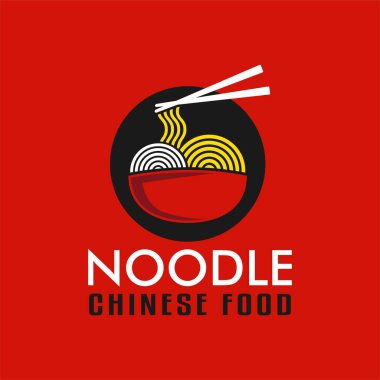 Çin yemeği amblemi erişte ramen tasarımı vektör illüstrasyon şablonu Japon Kore lokantası Asya yemek işi için kırmızı kase