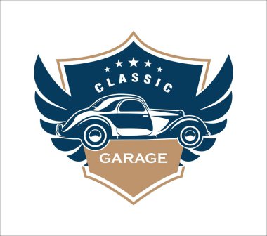 Klasik araba garajı logosu vektör çizimi, araba restorasyonu ve onarımı için mükemmel.
