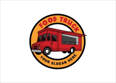 yemek kamyonu logosu illüstrasyon sokak yemekleri festivali, hamburger, pizza, tako beyaz arka planda