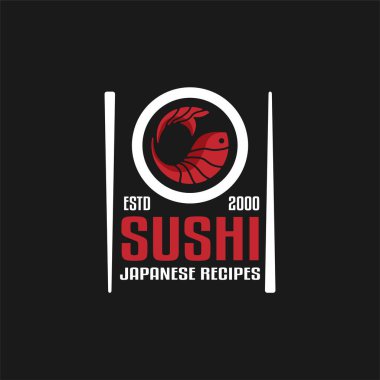 Suşi amblemi geleneksel Japon mutfağı, lezzetli yemek ikonu ve yemek çubukları restoran logosu modern tasarım vektör çizimi.