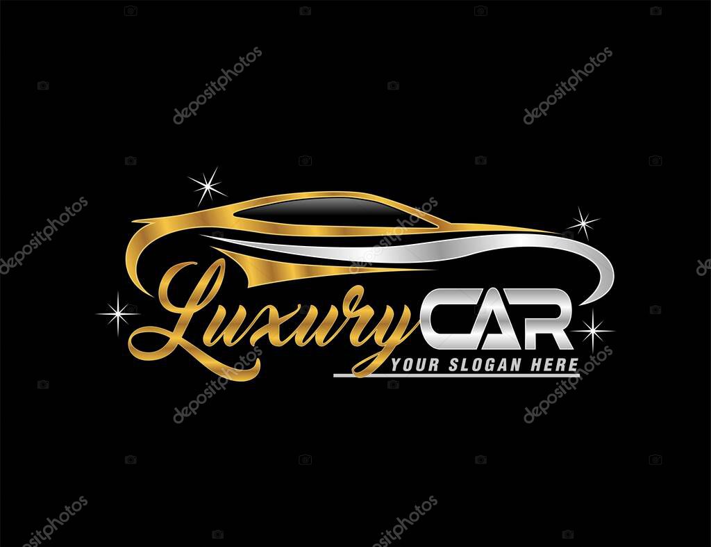 Luxury car logo abstract design vector illustration shiny gold and silver