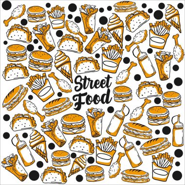 Fast food desensiz arka plan vektör çizelgesi resim simgesi menü dekorasyonu duvar kağıdı veya yiyecek paketi tasarımı için mükemmel