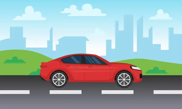 araba yan görünümü vektör illüstrasyonu düz stil sedan spor araba şehir arkaplanı