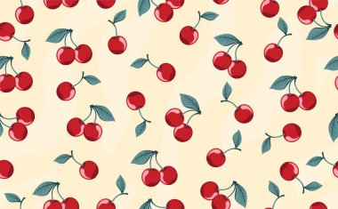Yeşil yapraklı kırmızı kirazsız desen düz vektör şablon tasarımı çizimi