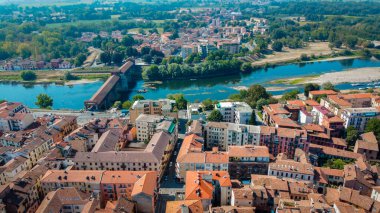 Aerial view of Pavia, Italy, Lombardy. Cattedrale di Santo Stefano e Santa Maria Assunta e Ticino river. Duomo di Pavia and covered bridge by drone, italian architecture. clipart