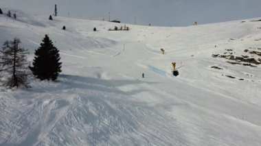 Kayak pistleri, dağlarla kar arasındaki sükunet. 2 çam ağacının arasından geriye doğru havadan ateş edilmiş. Brocon Geçidi, Trentino
