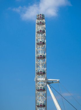 Londra Gözü 'nün soyut minimalist görüntüsü, Avrupa' nın açık mavi gökyüzü arka planına sahip en uzun dönme dolap. Şehir fotoğrafçılığı Londra